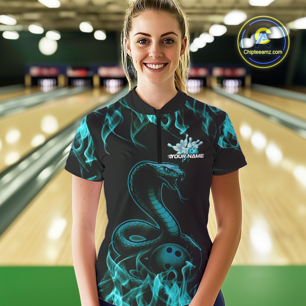 Custom Black And Blue Flame Cobra Snake Bowling Women Quarter-Zip Shirts, Team Shirt IPHW9042