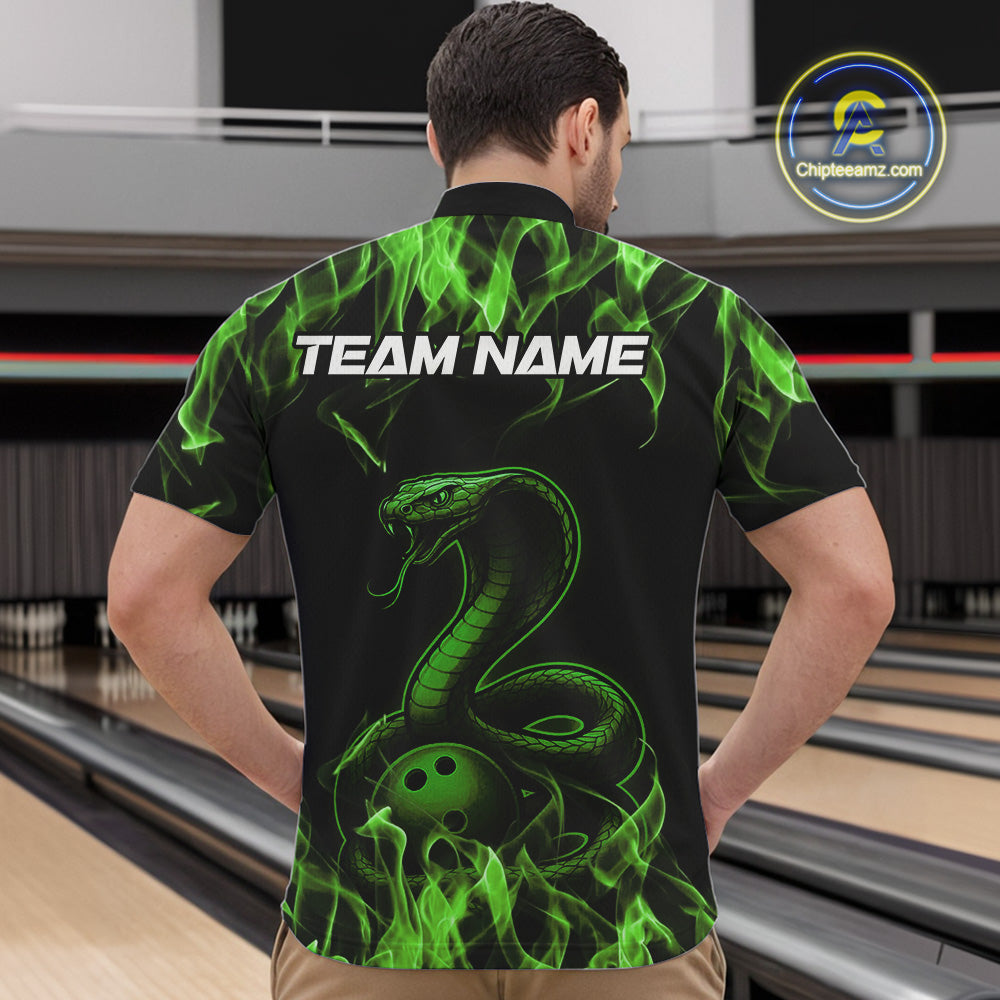 Custom Black And Green Flame Cobra Snake Bowling Men Quarter-Zip Shirts, Bowling League Shirt IPHW9043