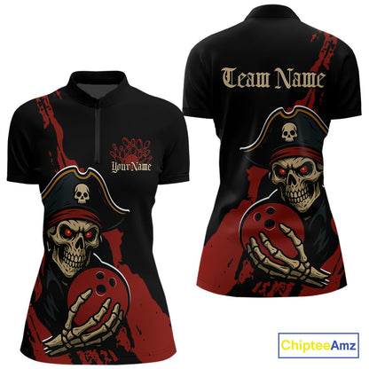 Custom Black And Red Pirate Bowling Women Quarter-Zip Shirts, Bowling Team Shirt IPHW9048