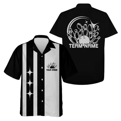 Black and white classic retro bowling shirt with customizable text on a white background
