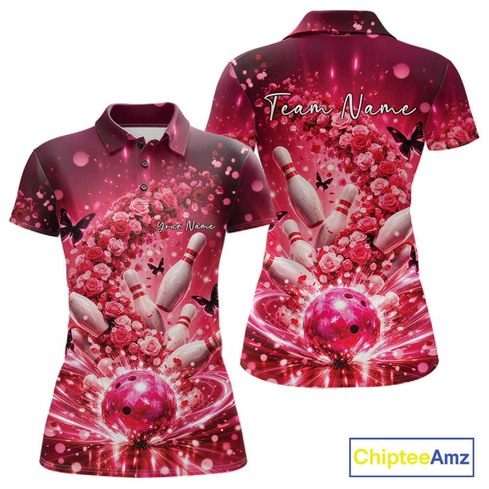 Custom Pink Roses And Butterfly Women Bowling Shirt, Flower Ladies Bowling Jerseys IPHW10893