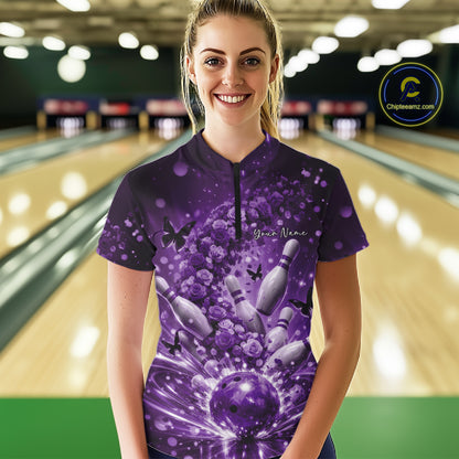 Custom Purple Roses And Butterfly Women Bowling Shirt, Flower Ladies Bowling Jerseys IPHW10895