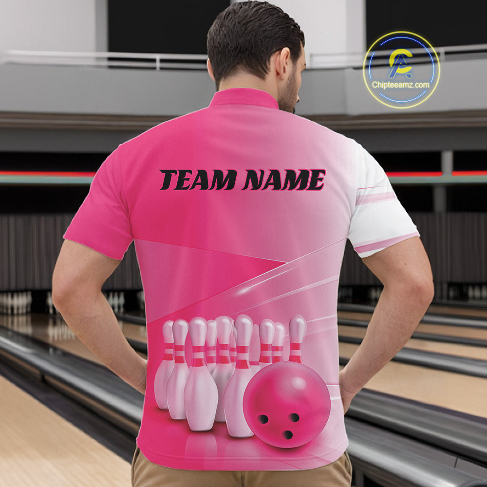 Male model front view at the bowling lane wearing a bowling quarter zip shirt with bowling ball and pins arranged across a pink gradient layout.