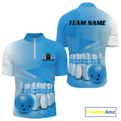 Front and back men’s bowling quarter zip shirt mockup featuring bowling ball and pins arranged within a pink gradient layout.