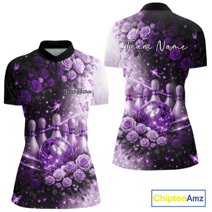 Custom Dreamy Purple Roses And Butterfly Women Bowling Quarter-Zip Shirt, Ladies Outfit IPHW10899