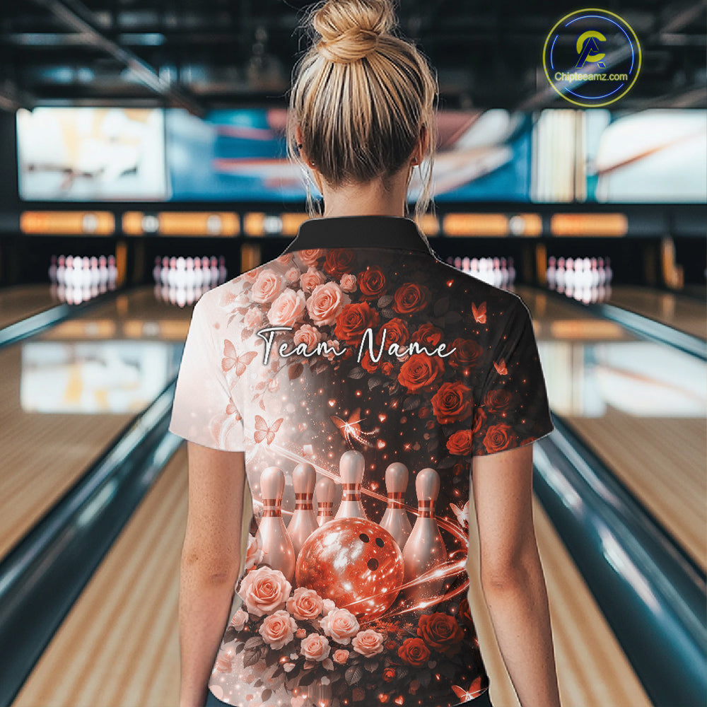 Custom Dreamy Orange Roses And Butterfly Women Bowling Quarter-Zip Shirt, Ladies Outfit IPHW10900