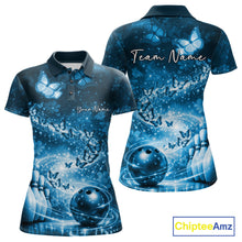 Load image into Gallery viewer, Custom Elegant Blue Butterfly Women Bowling Shirt, Ladies Bowling Team Outfit IPHW10910