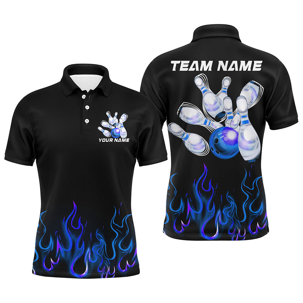 Custom Blue Flame Bowling Shirts For Men, Personalized Bowling Team Shirts IPHW7378