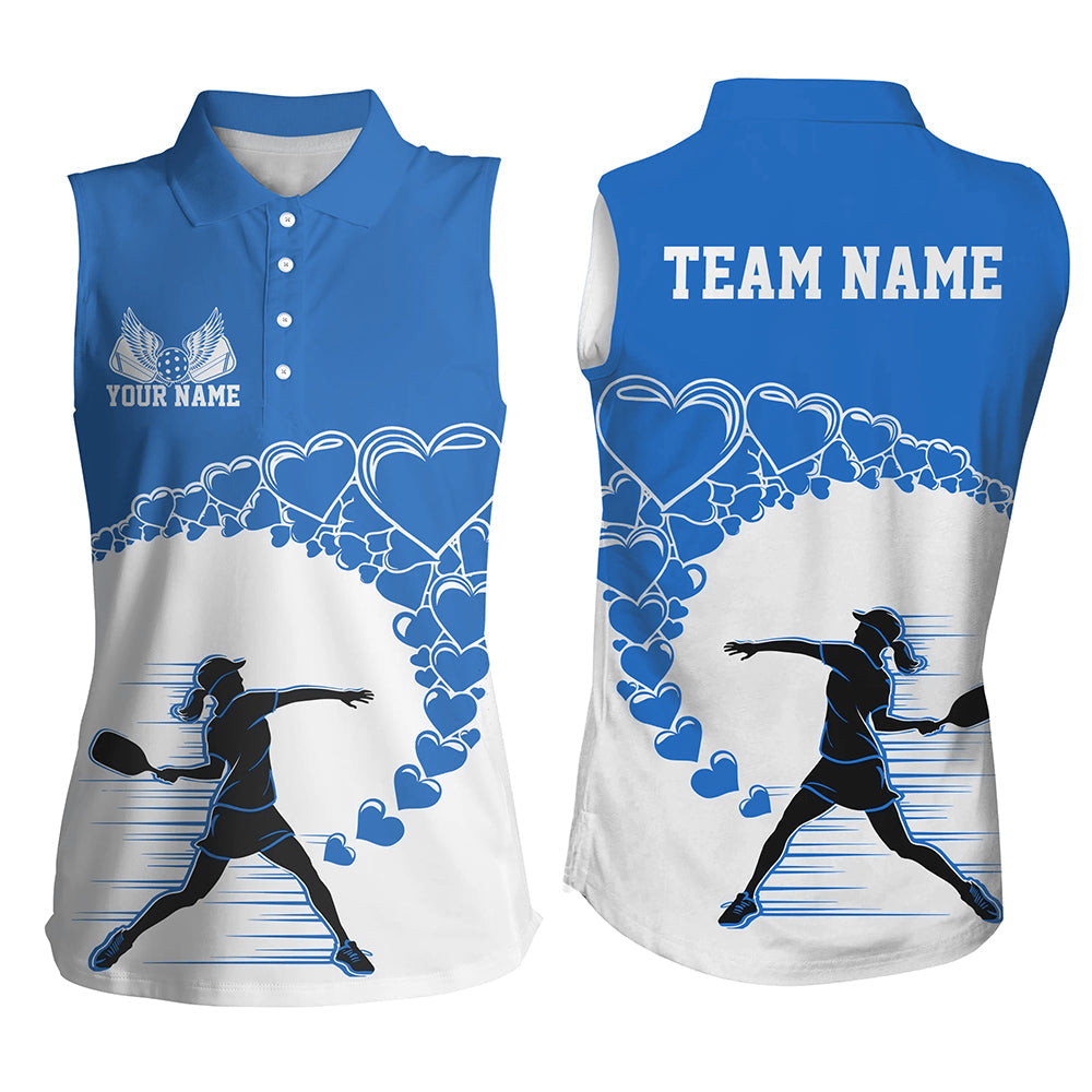 Custom Valentine Pickleball Women's Sleeveless Polo Shirts, Blue Heart Pickleball Couple Shirt IPHW8106