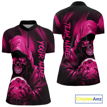 Pink Bowling Grim Reaper Custom Women Bowling Quarter-Zip Shirt Skull Bowling Jersey IPHW10697