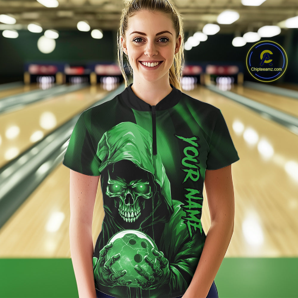 Green Bowling Grim Reaper Custom Women Bowling Quarter-Zip Shirts Skull Bowling Jerseys IPHW10698