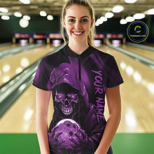 Load image into Gallery viewer, Purple Bowling Grim Reaper Custom Women Bowling Quarter-Zip Shirts Skull Bowling Jerseys IPHW10699