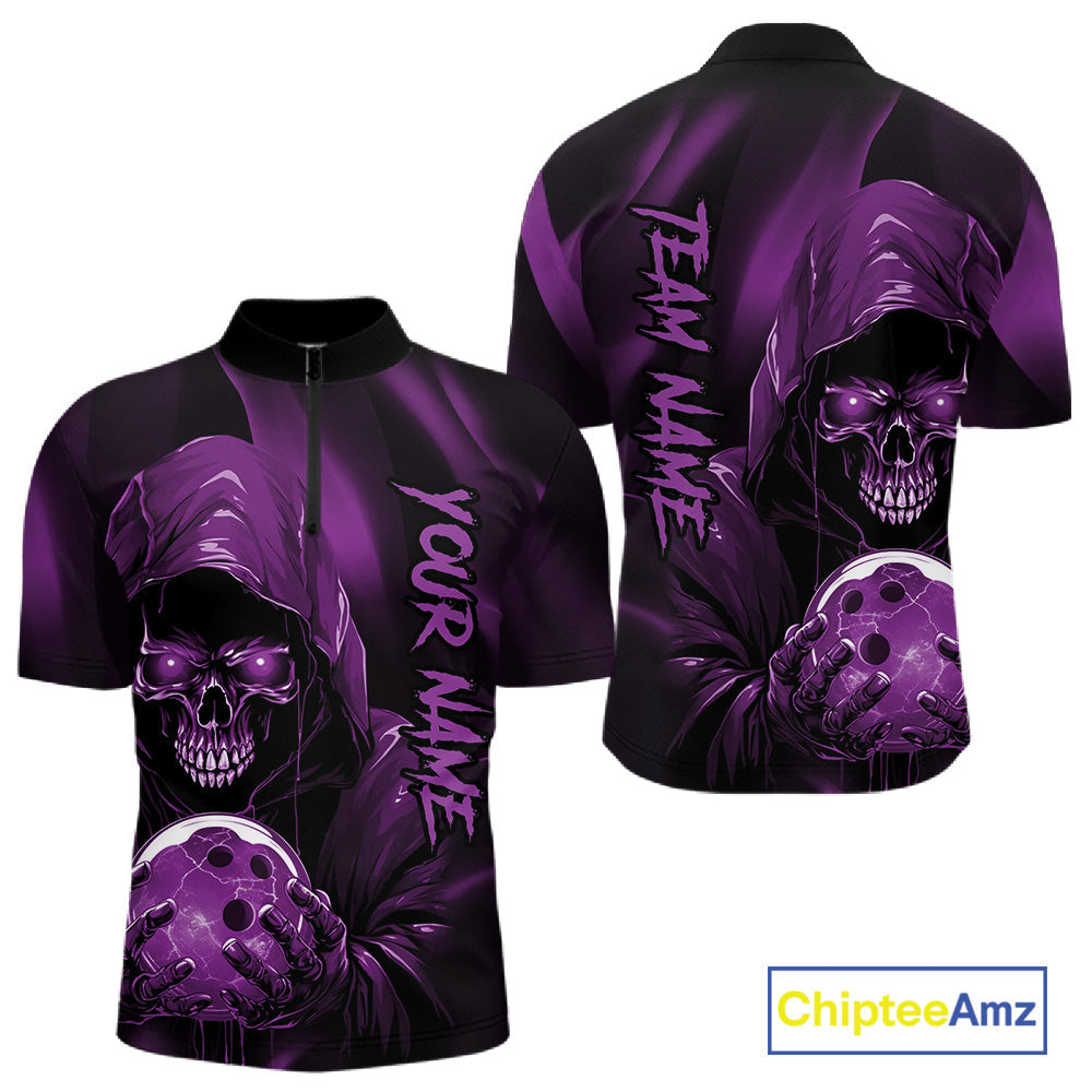 Purple Bowling Grim Reaper Custom Men Bowling Quarter-Zip Shirts Skull Bowling Team Jerseys IPHW10699