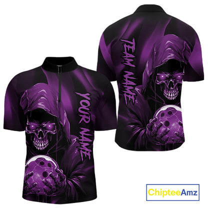 Purple Bowling Grim Reaper Custom Men Bowling Quarter-Zip Shirts Skull Bowling Team Jerseys IPHW10699