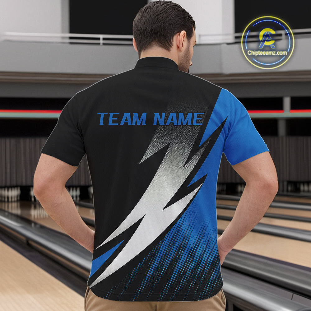 Black And Blue Custom Bowling Jerseys, Men Quarter-Zip Shirt Bowling Tournament Outfits IPHW9078