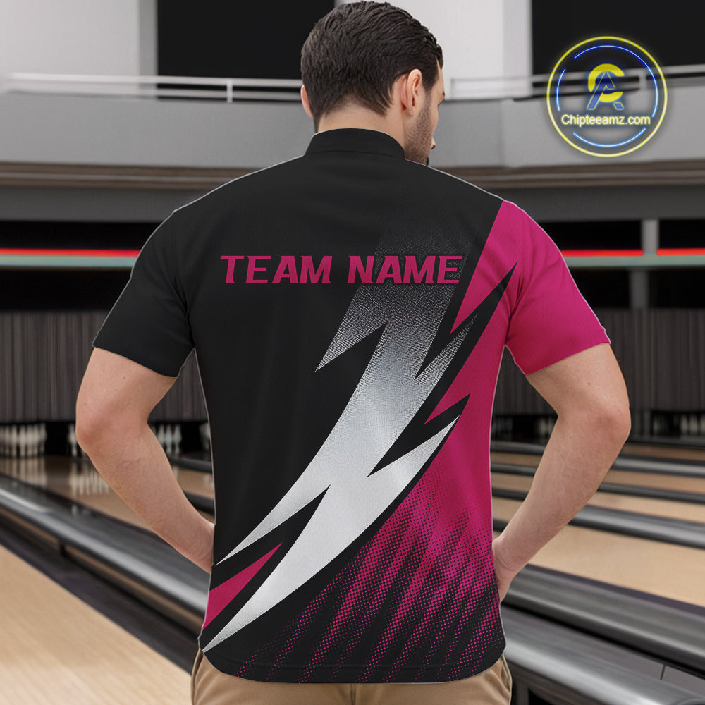 Black And Pink Custom Bowling Jerseys, Men Quarter-Zip Shirt Bowling Tournament Outfits IPHW9081