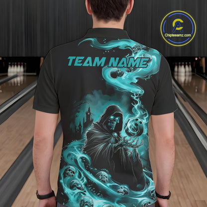 Custom Grim Reaper Bowling Polo Shirts For Men, Teal Blue Flame Skull Halloween Design IPHW9082
