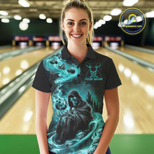 Load image into Gallery viewer, Custom Grim Reaper Bowling Polo Shirts For Women, Teal Blue Flame Skull Halloween Design IPHW9082