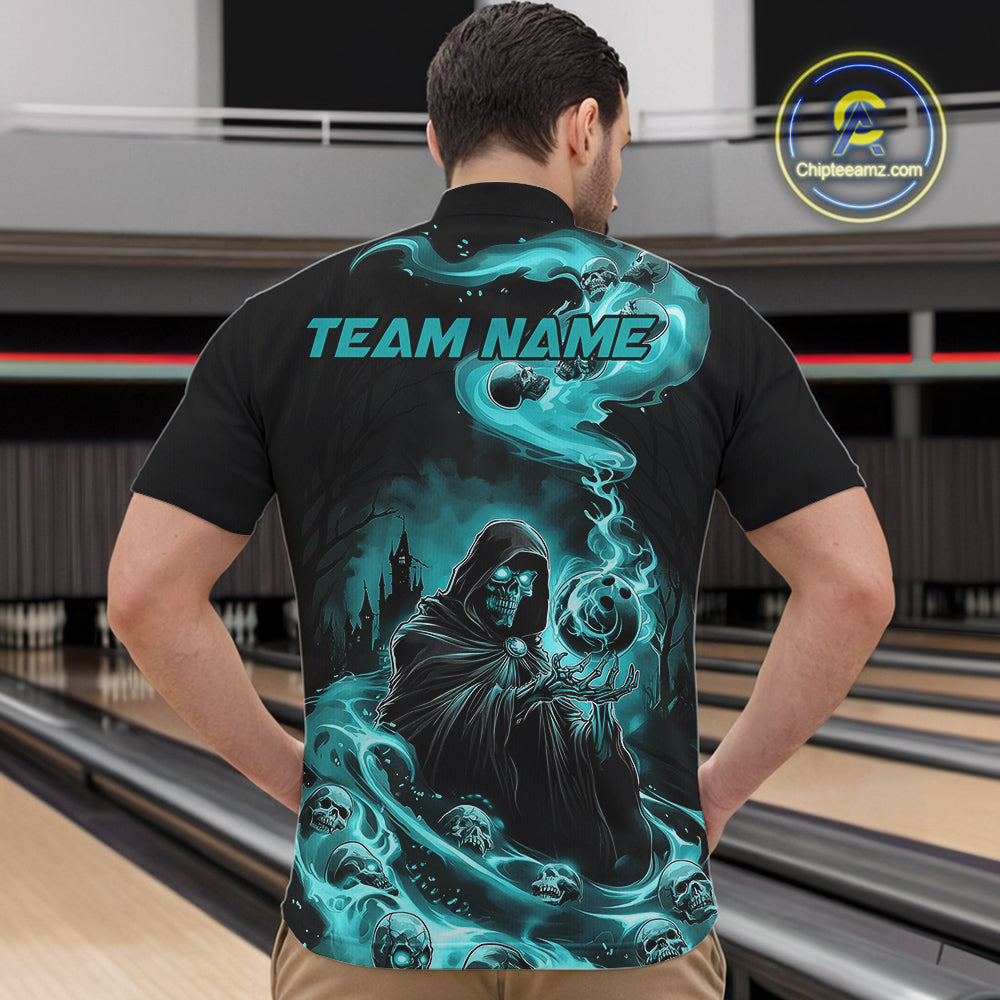Custom Grim Reaper Bowling Quarter-Zip Shirts For Men, Teal Blue Flame Skull Halloween Design IPHW9082