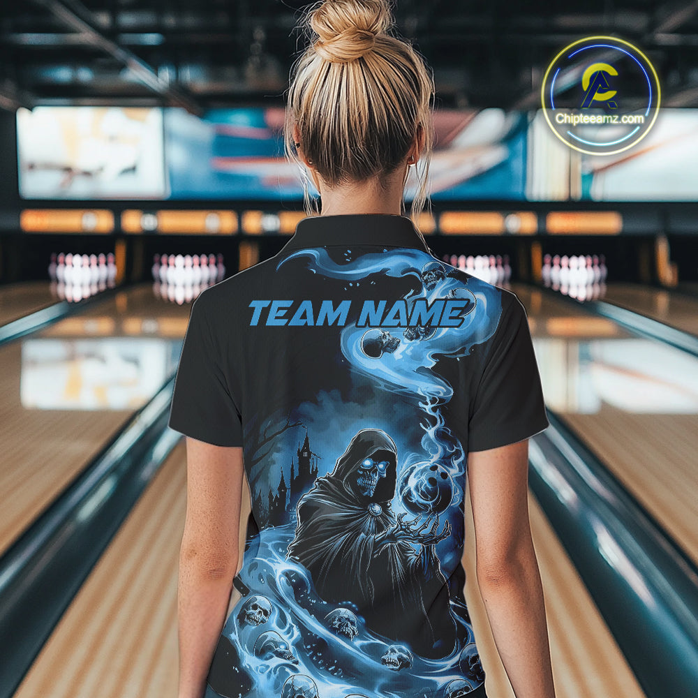 Custom Grim Reaper Bowling Women Quarter-Zip Shirt, Mid Blue Flame Skull Halloween IPHW9083