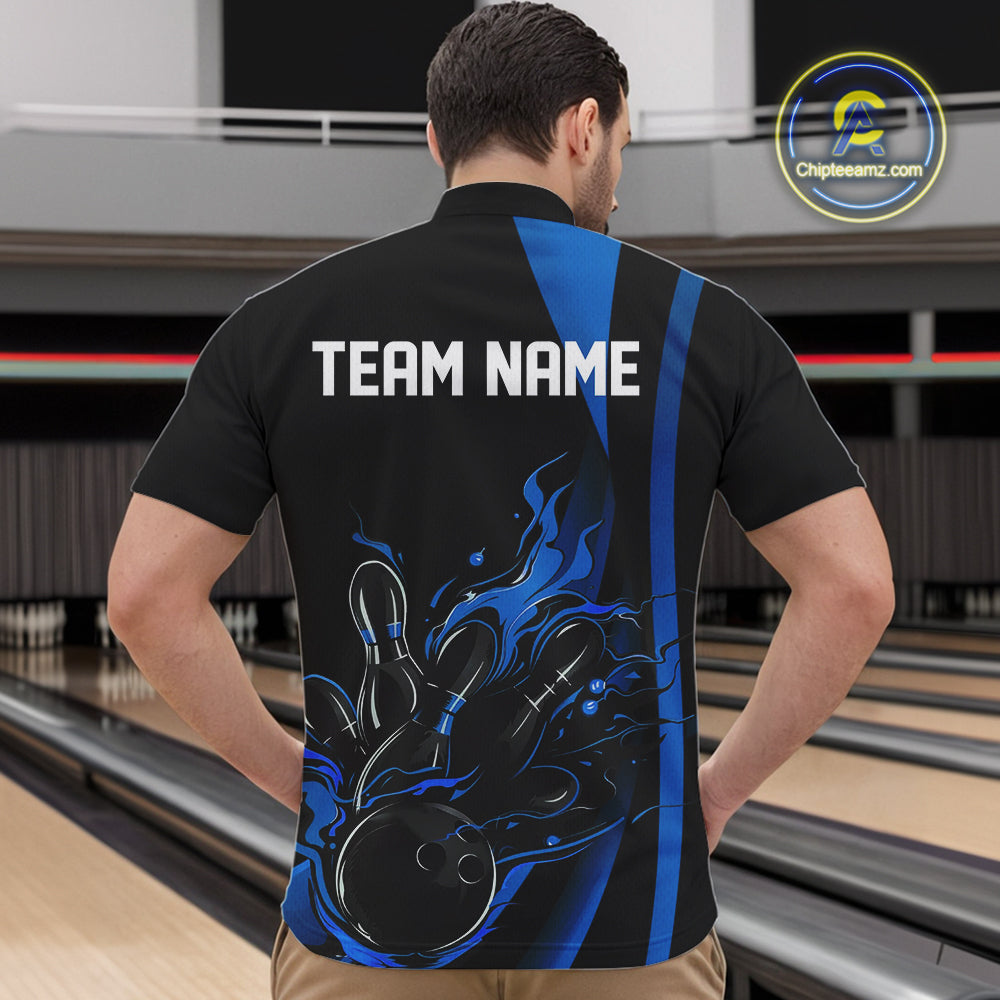 Custom Mid Blue Flame Bowling Quarter-Zip Shirts For Men, Striking Fire Jerseys Team Uniform IPHW9084