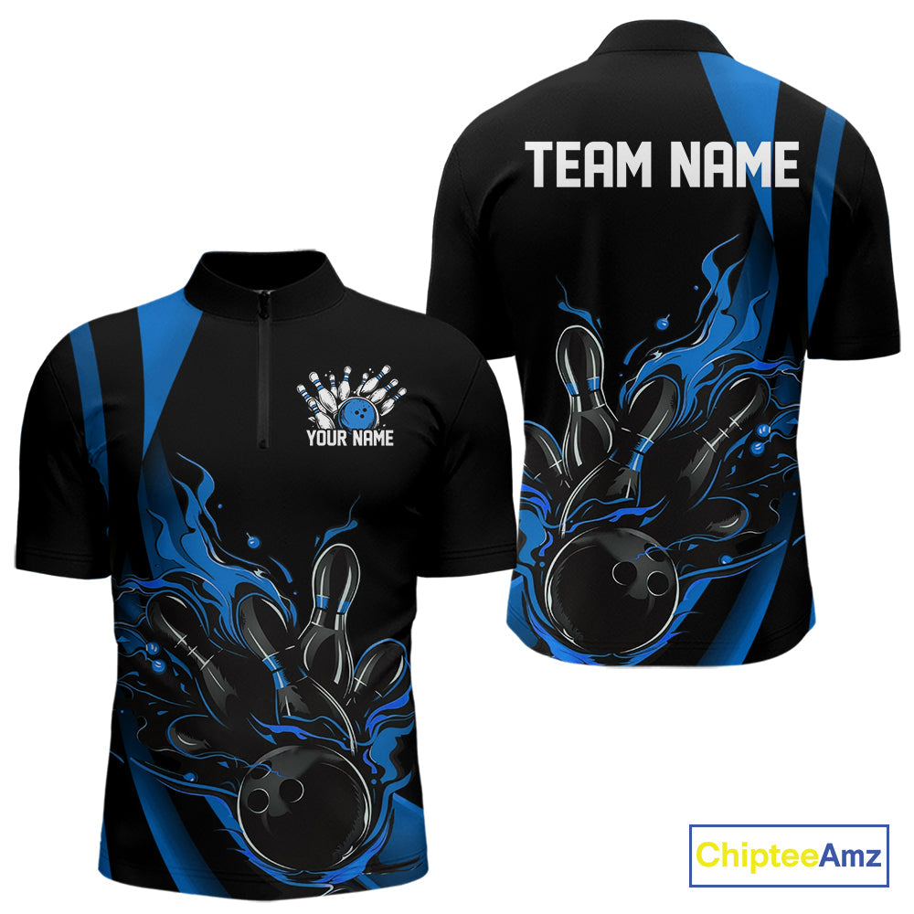 Custom Mid Blue Flame Bowling Quarter-Zip Shirts For Men, Striking Fire Jerseys Team Uniform IPHW9084