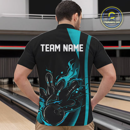 Custom Teal Blue Flame Bowling Quarter-Zip Shirts For Men, Striking Fire Jerseys Team Uniform IPHW9085