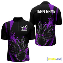 Load image into Gallery viewer, Custom Purple Flame Bowling Quarter-Zip Shirts For Men, Striking Fire Jerseys Team Uniform IPHW9087