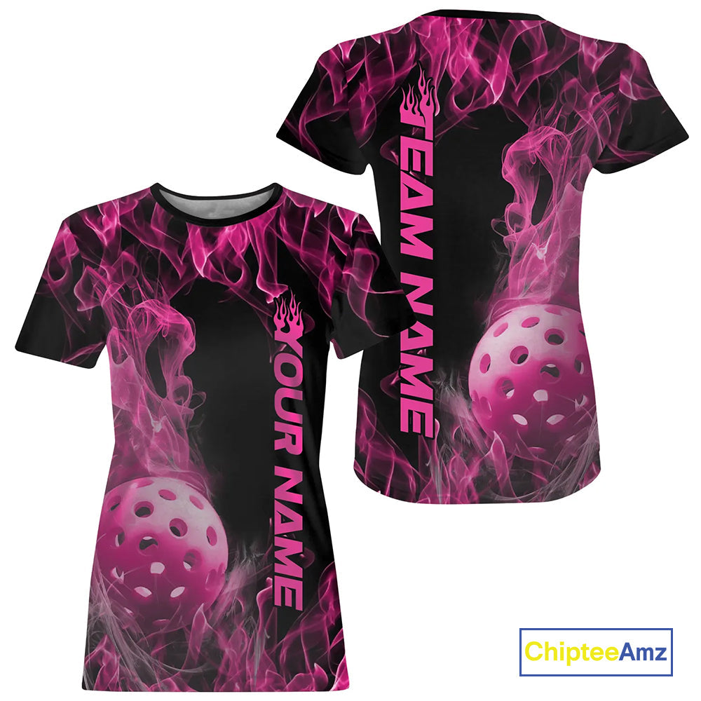 Custom Pink Flame Pickleball T-Shirts For Women, Fire Pickleball Jerseys Team Uniform IPHW9090