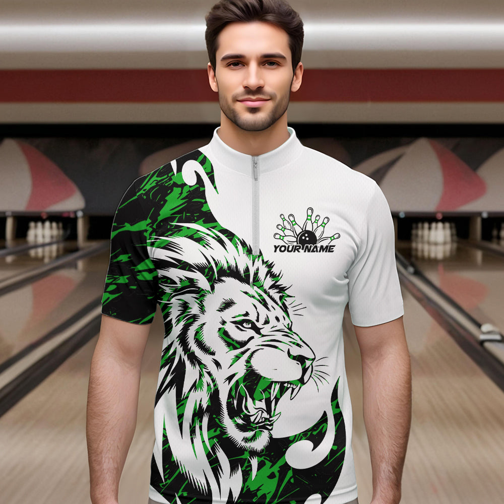 Custom Green Camo Lion Bowling Team Quarter-Zip Shirts For Men, Lion Bowling League Shirt IPHW8857