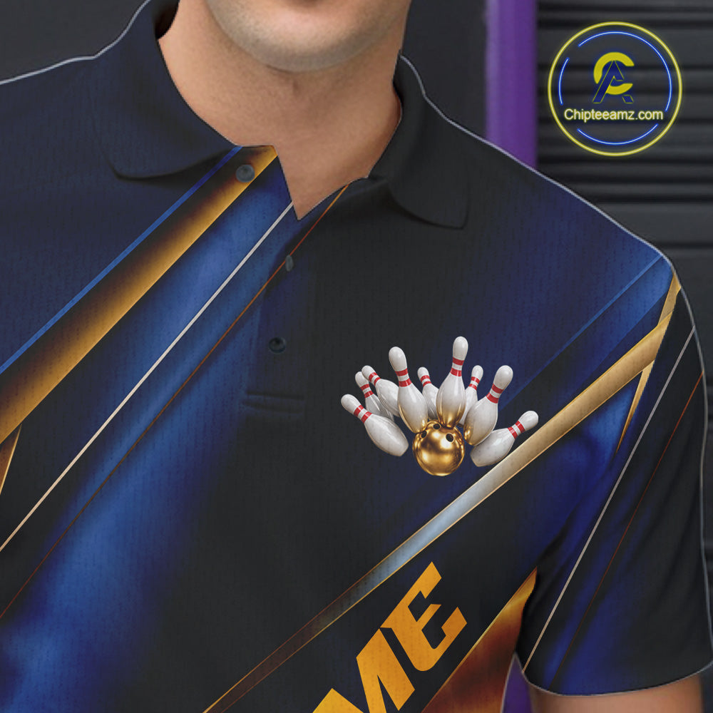 A close-up of a person wearing a dark navy and blue bowling-themed polo shirt with gold diagonal stripes and a graphic of bowling pins and a ball on the chest. The shirt has partial text reading 'ME' and a circular 'Chitpieamz.