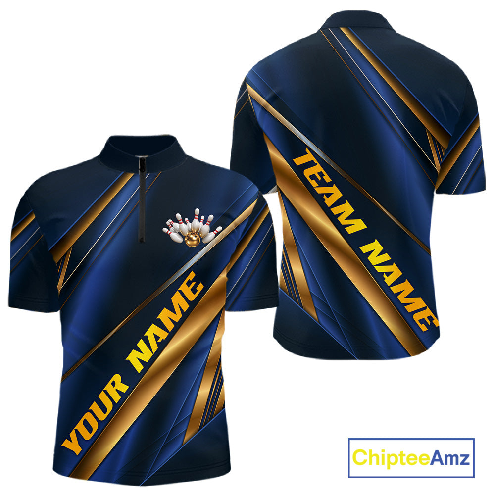 Customizable short-sleeve athletic polo shirt shown from front and back views. The shirt features a dark navy blue base with metallic gold diagonal stripes and yellow text placeholders reading 'YOUR NAME' and 'TEAM NAME'.