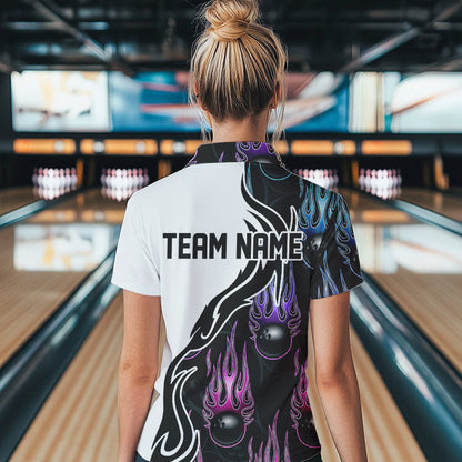 Pink Purple Blue Flame Ball Custom Bowling Women Quarter-Zip Shirts, Bowling League Shirt IPHW8864