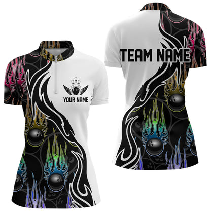 Colorful Rainbow Flame Ball Custom Bowling Women Quarter-Zip Shirts, Bowling League Shirt IPHW8865
