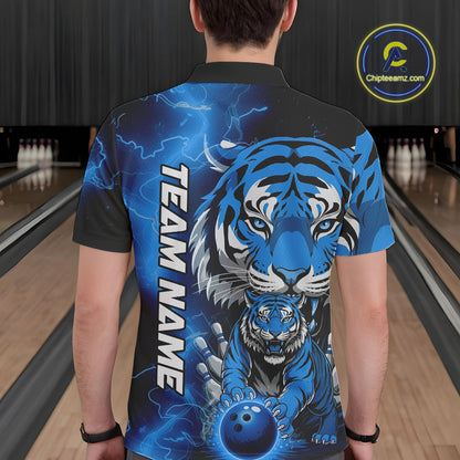 Custom Blue Thunder Lightning Tiger Bowling Polo Shirts For Men, Bowling Team Outfit IPHW9094