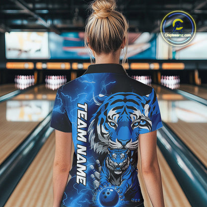 Custom Blue Thunder Lightning Tiger Bowling Quarter-Zip Shirts For Women, Team Outfit IPHW9094