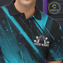 Load image into Gallery viewer, Black and blue polo shirt with a bowling design and 'Your Name' text, brand logo visible.