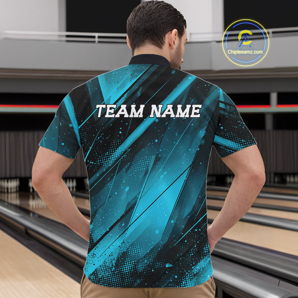 Person wearing a blue and black bowling shirt with 'TEAM NAME' text on a bowling alley background.