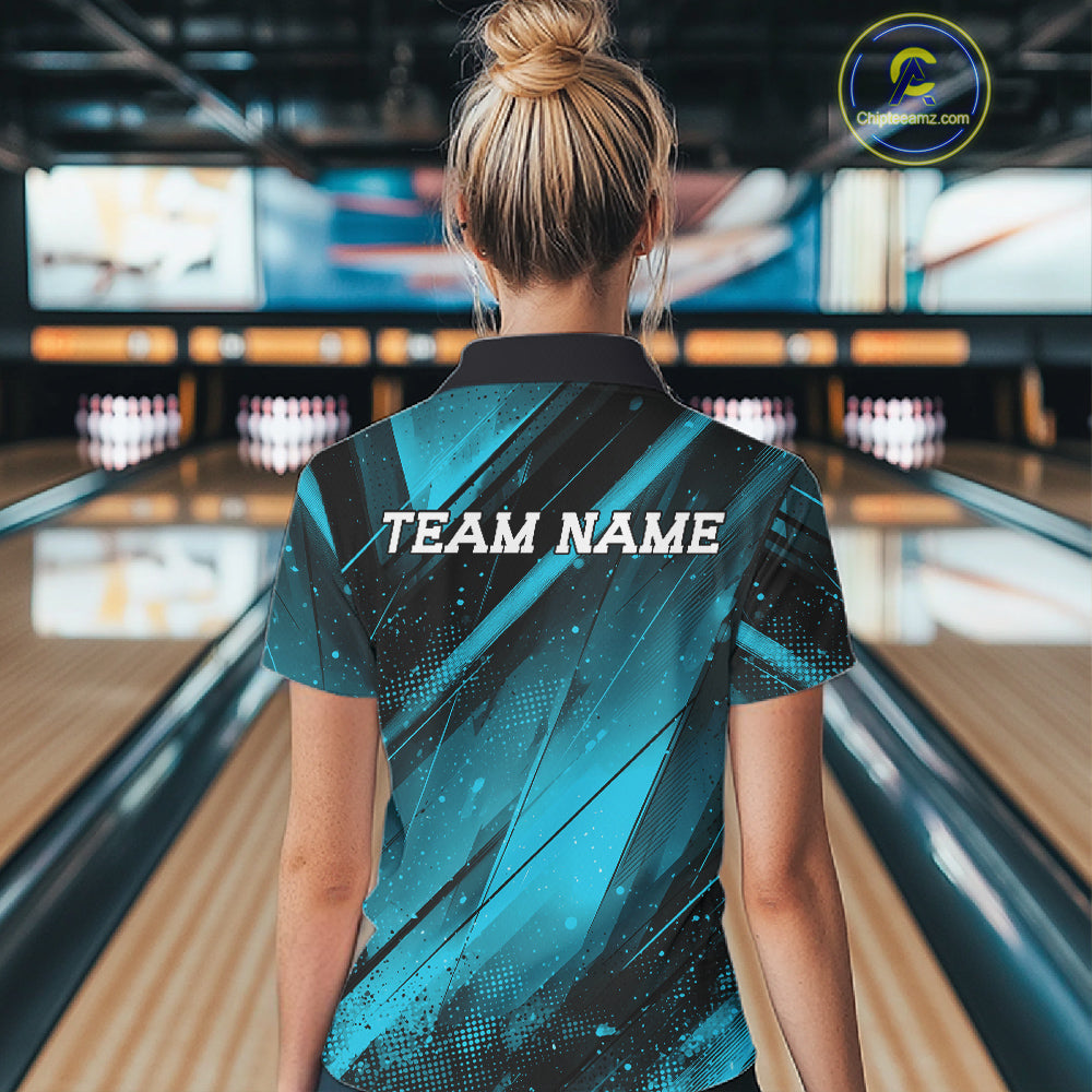 Person wearing a blue and black bowling shirt with 'TEAM NAME' on the back in a bowling alley.