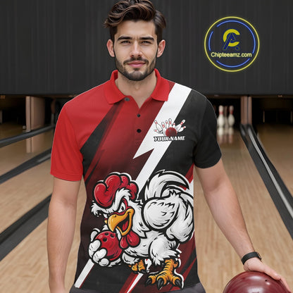 A man in a bowling alley wearing a custom short-sleeve polo shirt with a red, black, and white graphic design featuring a cartoon rooster mascot. The shirt has 'YOURNAME' printed on the chest.