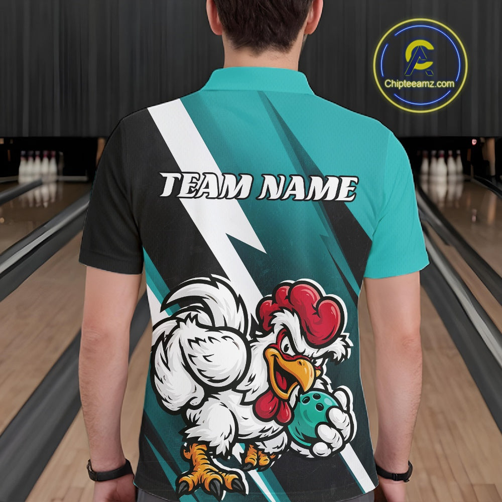 A person viewed from behind wearing a short-sleeve athletic shirt in a bowling alley. The shirt has a black and teal design with white diagonal stripes, the text 'TEAM NAME' across the upper back, and a large cartoon rooster holding a teal bowling ball near the lower back.