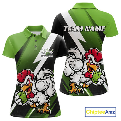 Front and back views of a green, black, and white short-sleeve polo shirt featuring a cartoon rooster graphic and customizable text 'TEAM NAME' and 'YOURNAME'.