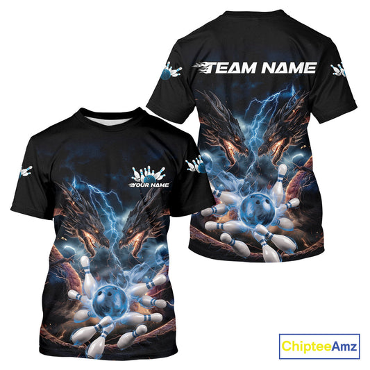 Custom Blue Lightning Flame Dragons Bowling Men T-Shirts Shirt, Fire Dragon Bowling Jerseys IPHW9815