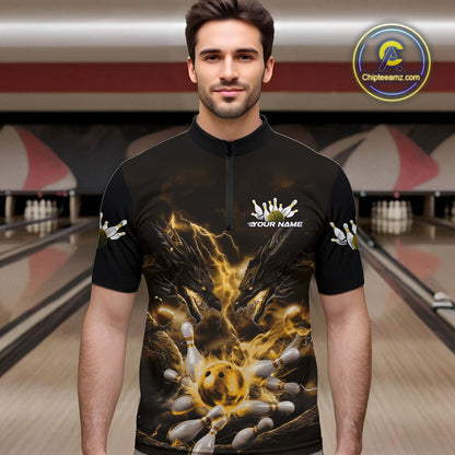 Custom Yellow Lightning Flame Dragons Bowling Men Quarter-Zip Shirt, Fire Dragon Bowling Jerseys IPHW9818