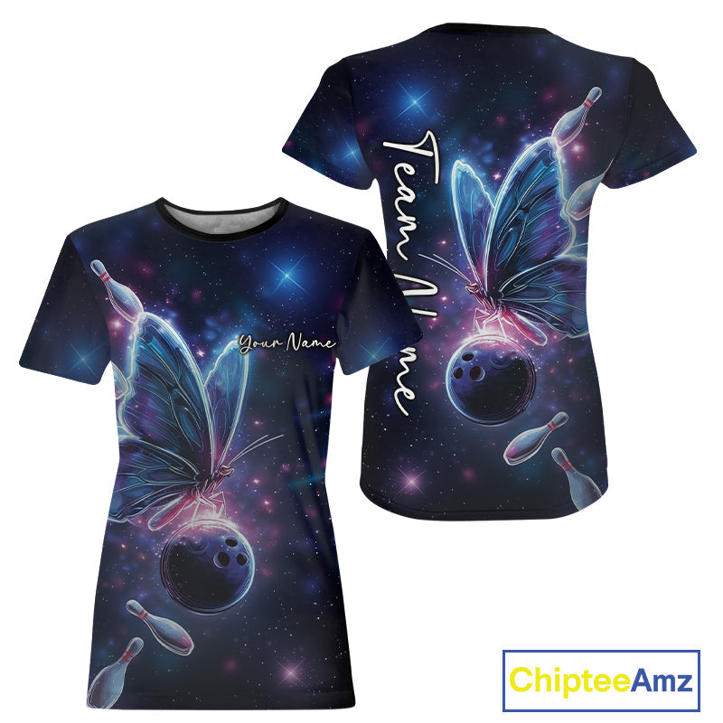 Custom Galaxy Butterfly Bowling Women T-Shirts, Ladies Bowling Team Outfit IPHW10242