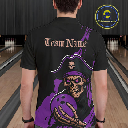 Custom Black And Purple Pirate Bowling Men Polo Shirt, Pirate Bowling Team Jerseys IPHW10708