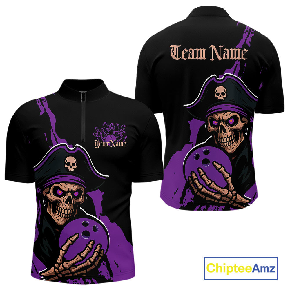 Custom Black And Purple Pirate Bowling Men Quarter-Zip Shirt, Pirate Bowling Team Jerseys IPHW10708