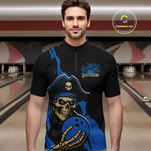 Load image into Gallery viewer, Custom Black And Blue Pirate Bowling Men Quarter-Zip Shirt, Pirate Bowling Team Jerseys IPHW10710