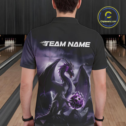 Custom Black And Purple Thunder Lightning Dragon Bowling Men Polo Shirts, Team Outfit IPHW9098
