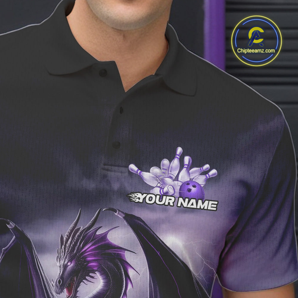 Custom Black And Purple Thunder Lightning Dragon Bowling Men Polo Shirts, Team Outfit IPHW9098